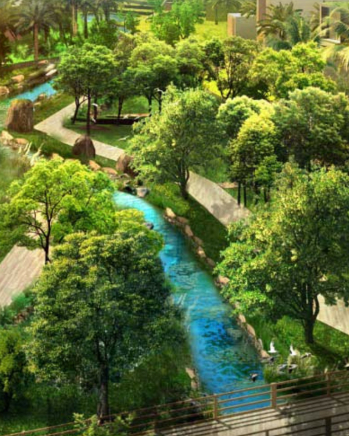 Realistic illustration of an urban landscape, with a stream of clean water shaded by large trees with green leaves.