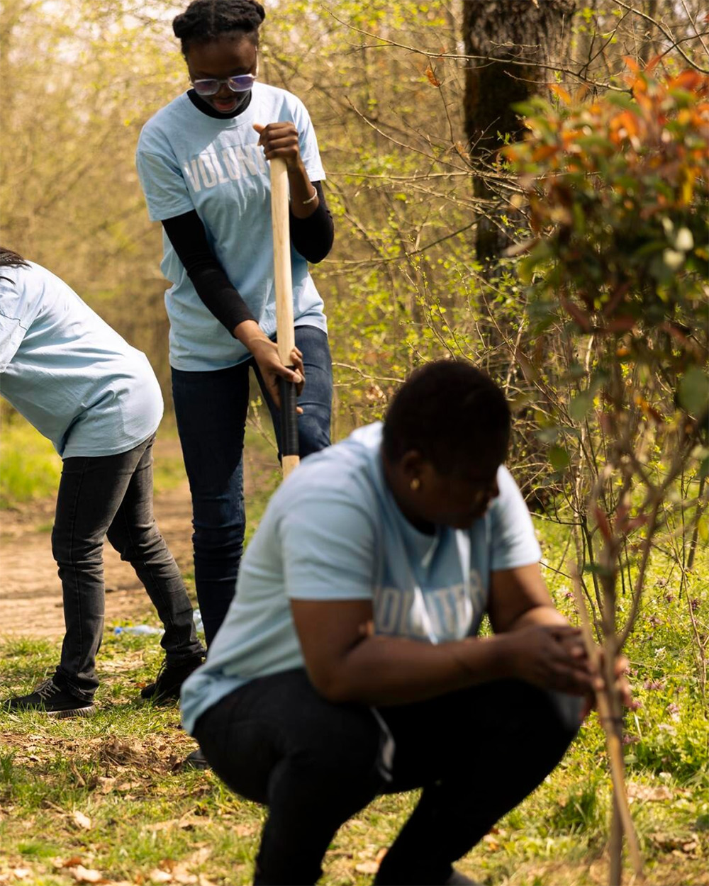 A group of volunteers planting new trees and collecting garbage, as part of a community reforestation project